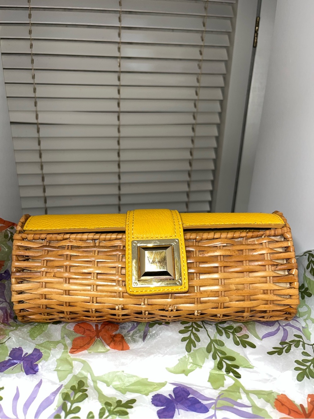 Michael Michael Kors Yellow Woven Wicker Rattan Resort Clutch—SEE CALLOUTS